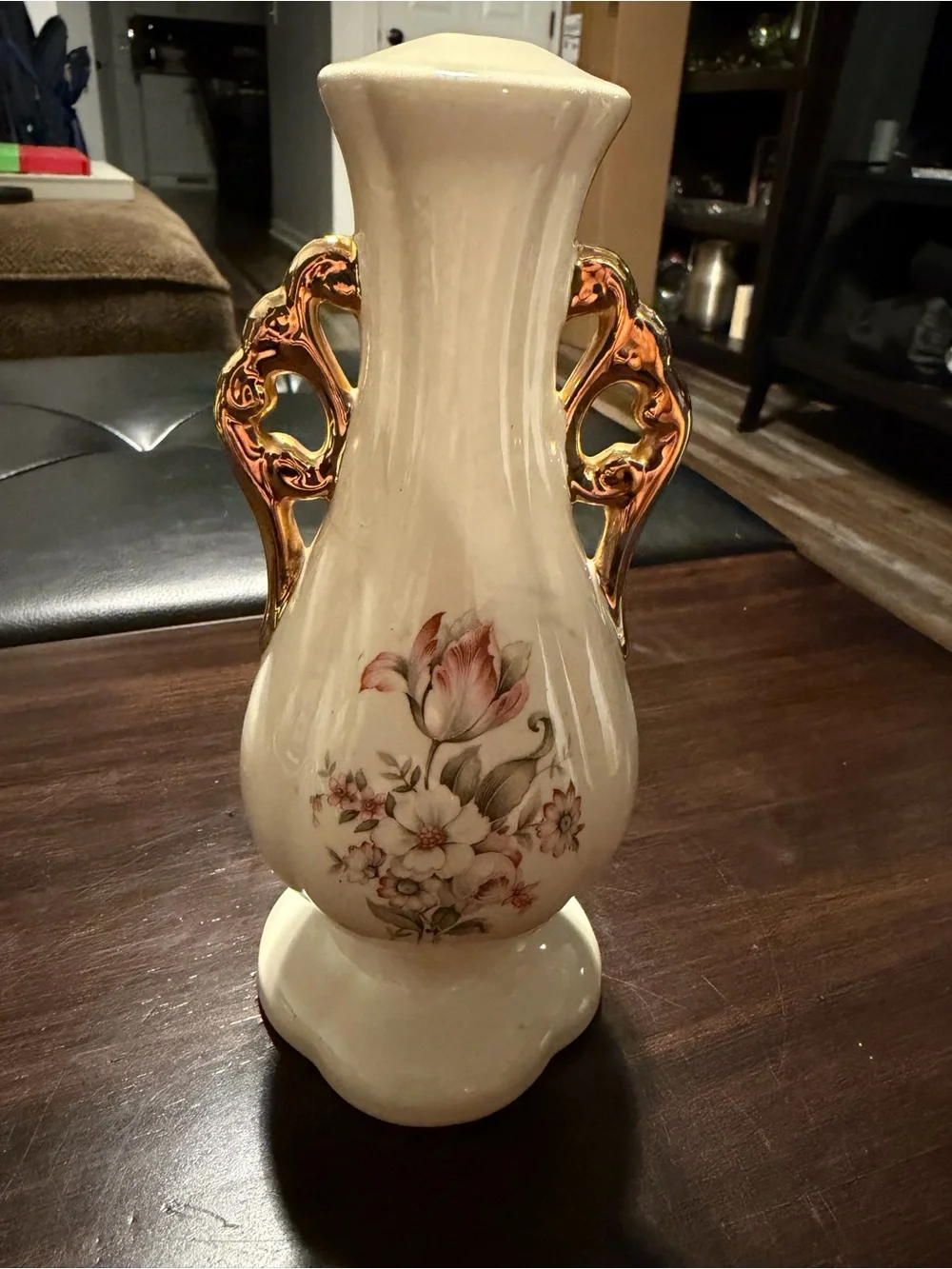 Vintage Cream Porcelain Bud Vase with Gold Openwork Handles & Floral Decal